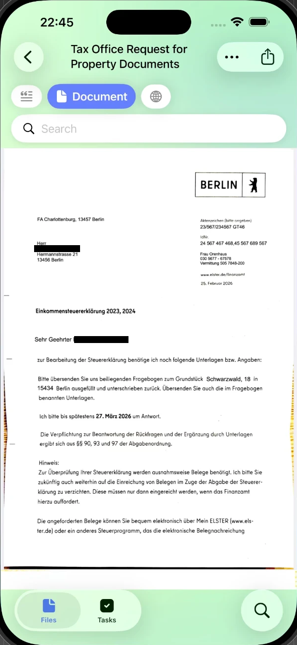 Foldy Dokumentansicht mit den extrahierten wichtigsten Angaben